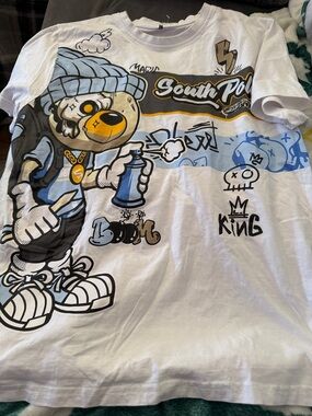 South Pole White Graphic Tee with Blue and Black Street Art